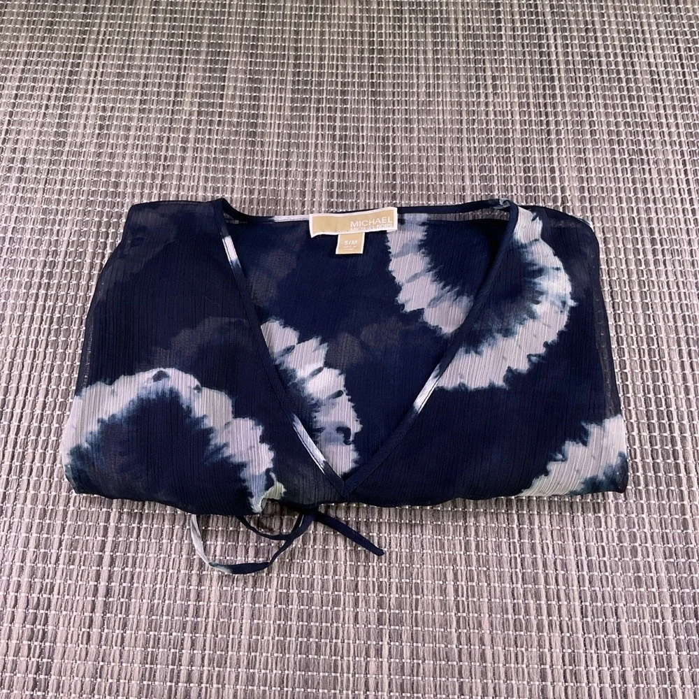 Michael Kors Womens Navy Tie Dye Sheer Swim Cover Up Tunic Drawstring Waist S/M